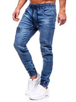 BOLF Herren Jeans Jogger Cargohose Denim Style Sweathose Jogg Used Look Jeanspants Destroyed Freizeit Casual Style Slim Fit Narrow Leg MP0052-2B Dunkelblau S [6F6] von BOLF