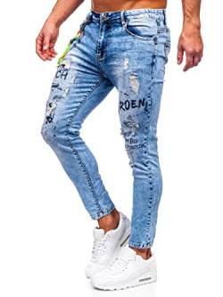 BOLF Herren Jeanshose Jeans Used Look Jeanspants Destroyed Denim Style Slim Fit Narrow Leg Freizeit Casual Style TF150 Blau S [6F6] von BOLF