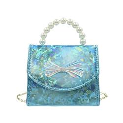 BOLLEY JOSS Elegante Mini-Geldbörse für kleine Mädchen, glänzende holografische Handtasche mit Perlengriff, niedliche Schleife, Schultertasche, Blau, Klein von BOLLEY JOSS