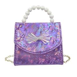 BOLLEY JOSS Elegante Mini-Geldbörse für kleine Mädchen, glänzende holografische Handtasche mit Perlengriff, niedliche Schleife, Schultertasche, Violett, Einheitsgröße von BOLLEY JOSS