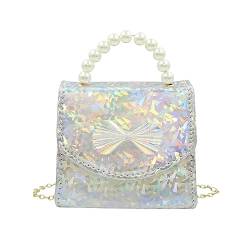 BOLLEY JOSS Elegante Mini-Geldbörse für kleine Mädchen, glänzende holografische Handtasche mit Perlengriff, niedliche Schleife, Schultertasche, silber, Einheitsgröße von BOLLEY JOSS