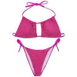 BOLLEY JOSS Sexy Bikini-Set für Damen, flüssig, metallisch, glänzend, gepolstert, Triangeljuwel, brasilianischer Tanga, Glitzer Hot Pink, Medium von BOLLEY JOSS