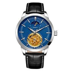 Antike Herren-Armbanduhr Automatisches Selbstaufziehende 24 Stunden Sonne und Mond Subdial Mechanische Skelett mit Lederband, Blau von BOLYTE