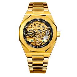 BOLYTE Armbanduhr Herren Analog Automatik Edelstahl Mechanische Skelett Männer Uhr Glas Rückseite, Goldfarben/Schwarz von BOLYTE