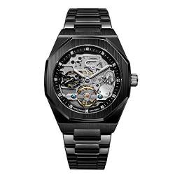 BOLYTE Armbanduhr Herren Analog Automatik Edelstahl Mechanische Skelett Männer Uhr Glas Rückseite, Schwarz von BOLYTE