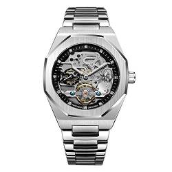 BOLYTE Armbanduhr Herren Analog Automatik Edelstahl Mechanische Skelett Männer Uhr Glas Rückseite, Silber, Schwarz von BOLYTE