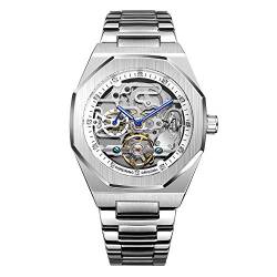 BOLYTE Armbanduhr Herren Analog Automatik Edelstahl Mechanische Skelett Männer Uhr Glas Rückseite, Silberfarben/Weiß von BOLYTE