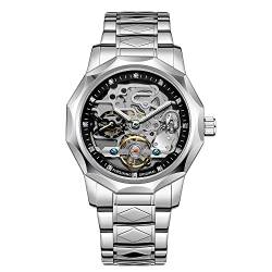 BOLYTE Armbanduhr Herren Analog Automatik Edelstahl Mechanische Skelett Männer Uhr Glas Rückseite,8240-silber, Schwarz von BOLYTE