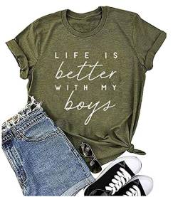 BOMYTAO Life is Better with My Boys Shirt für Frauen Mama T-Shirts Lustige Kurzarm Casual Tops T-Shirts, Grün (Army Green), Mittel von BOMYTAO