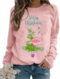 BOMYTAO Merry Christmas Flamingo Sweatshirt für Frauen Weihnachtsbeleuchtung Pullover Xmas Urlaub Leichte Hemden Blusen, Pink, XL von BOMYTAO