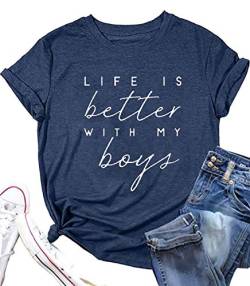 BOMYTAO T-Shirt mit Aufschrift "Life is Better with My Boys", lustiges kurzärmeliges T-Shirt - Blau - Mittel von BOMYTAO