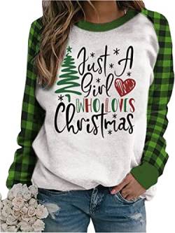 Just A Girl Who Loves Christmas Tree Sweatshirt für Frauen Raglanärmel Pullover Tops Farbblock Shirt, Grün , M von BOMYTAO