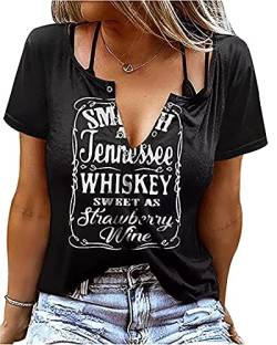 Smooth As Tennessee Whiskey Sweet As Strawberry Wine T-Shirt Damen Sexy V-Ausschnitt Shirts Country Musik Kurzarm Shirt, schwarz, Mittel von BOMYTAO