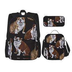 3 Stück Englische Bulldogge Nahtlose Illustration Rucksack Set, Verstellbare Umhängetasche Set mit Lunchbox Federmäppchen, French Bulldog, Einheitsgröße, Daypack Rucksäcke von BONDIJ