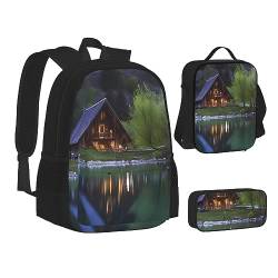 BONDIJ Chalet by The Lake Rucksäcke für die Schule mit Brotdose, Federmäppchen, wasserabweisende Tasche für Jungen Mädchen Lehrer Geschenke, Chalet am See, Einheitsgröße von BONDIJ