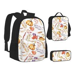 BONDIJ Fallen Leaves Rucksäcke für die Schule mit Lunchbox Federmappe, wasserabweisende Tasche für Jungen Mädchen Lehrer Geschenke, Niedliche Herbst-Aquarell-Kürbisse, Einheitsgröße von BONDIJ