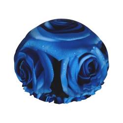 Blaue Rose bedruckte Duschhaube für Frauen, wasserdichte Badekappen, wiederverwendbar, doppellagig, Duschhut, Badeduschkappen für Männer, Damen, Spa, Salon von BONDIJ