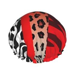 Rote Leoparden- und Zebra-Tier-bedruckte Duschhaube für Damen, wasserdichte Badekappen, wiederverwendbar, doppellagig, Duschhut, Bade-Duschkappen für Männer und Damen, Spa, Salon von BONDIJ