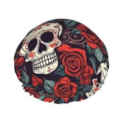 Sugar Skulls and red roses Printed Shower Cap for Women Waterproof Bath Caps Reusable Double Layered Shower Hat Bathing Shower Caps for Men Ladies Spa Salon von BONDIJ