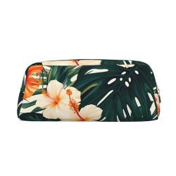 Tropischer Sommer Hawaii-Blume Palmenblätter Bedrucktes Leder Federmäppchen Tragbare Reise Make-up Tasche Große Kapazität Kulturbeutel Reißverschluss Aufbewahrungstasche für Frauen Mädchen, gold, von BONDIJ