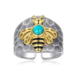 BONLAVIE Gehämmerter Statement Ring Silber 925, Verstellbare Bienenringe für Frauen, Blaues Türkiser Bienenring, Silberring 925 Damen von BONLAVIE