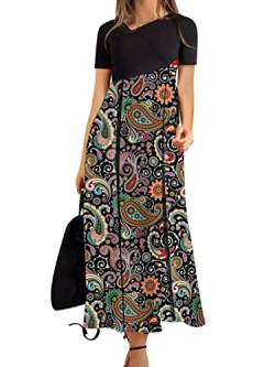 BONNY BILLY Damen Kleider Kurzarm Blumen Elegant Lang Maxikleid Freizeitkleid Sommerkleid 46 XXL Schwarz-1 von BONNY BILLY