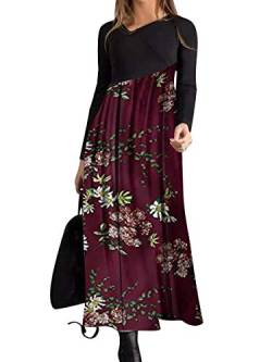 BONNY BILLY Damen Kleider Langarm Blumen Elegant Lang Maxikleid Freizeitkleid Winterkleid 44 XL Rot-1 von BONNY BILLY