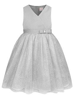 BONNY BILLY Mädchen Kleider V-Ausschnitt Glitzer Tüll Hochzeit Festlich Elegant Abendkleid Ballkleid 7-8 Jahre/122-128 Silber von BONNY BILLY