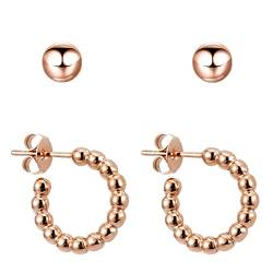 BONNYBIRD® Creolen Rosegold Klein - Mini Creolen Gold, Kleine Creolen Set Kleine Kreolen Rosegold Ohrringe Edelstahl Damen mit Kugeln 15mm von BONNYBIRD