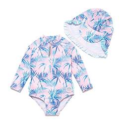 BONVERANO Baby Mädchen Badeanzug mit Badekappe UV-Schutz 50+ EIN stück Langärmelige-Badeanzug…(Grün-Blatt,18-24Monate… von BONVERANO