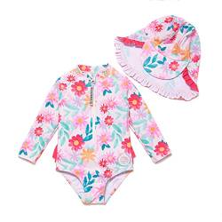 BONVERANO Baby Mädchen Badeanzug mit Badekappe UV-Schutz 50+ EIN stück Langärmelige-Badeanzug…(Rosa-Blumen,24-36Monate… von BONVERANO