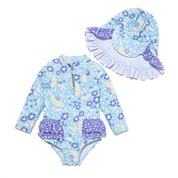 BONVERANO Baby Mädchen EIN stück Langärmelige-Kleidung UV-Schutz 50+ Badeanzug mit Badekappe…(Blau-Jasmin,9-12Monate… von BONVERANO