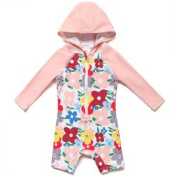 BONVERANO Badeanzug für Babys und Kleinkinder Mit Kapuze UV-Schutz 50+ Badebekleidung Mädchen/Jungen 0-4 Jahre(Rosa Blumen, 18-24Months) von BONVERANO