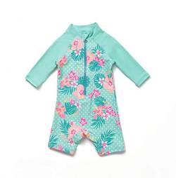 BONVERANO Sunsuit/Badeanzug für Säuglinge, Kleinkinder, Babys, Mädchen, LSF 50+, einteiliger Badeanzug mit Reißverschluss und Mütze Gr. 86, Grüne Blumen von BONVERANO