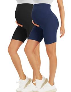 BONVIGOR Umstands-Shorts über dem Bauch, Biker, Workout, Yoga, aktiv, athletisch, Schwangerschaft, kurze Hose, Lounge-Pyjama, 2 Stück schwarz/marineblau, Groß von BONVIGOR