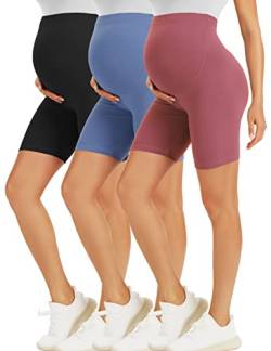 BONVIGOR Umstands-Shorts über dem Bauch, Biker, Workout, Yoga, aktiv, athletisch, Schwangerschaft, kurze Hose, Lounge-Pyjama, 3er-Pack, Schwarz/Blau/Dunkelrosa, Groß von BONVIGOR