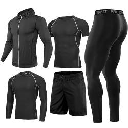 Männer Workout Kleidung Outfit Fitness Bekleidung Fitnessstudio Outdoor Laufen Kompressionshose Shirt Top Langarm Jacke 4PCS oder 5pcs schwarz M von BOOMCOOL