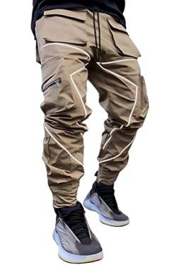 BOOMLEMON Herren Fashion Reflektierende Streifen Beam Pants Casual Sport Hose Cargo Jogger, khaki, X-Klein von BOOMLEMON