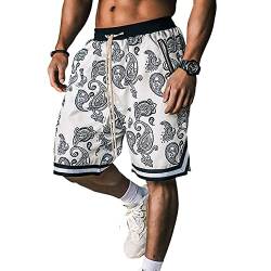 BOOMLEMON Herren Paisley Shorts Athletic Workout Basketball Shorts Casual Print Bandana Kurze Hose, Weiß, Groß von BOOMLEMON