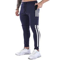 BOOMLEMON Herren Trainingshose Jogger Casual Slim Pants Gym Workout Tapered Sweatpants mit Streifen - Blau - X-Groß von BOOMLEMON