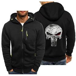 BOONEE Herren Hoodie Punisher Motiv Arbeitsjacke, Full Zip Kapuzenpullover Sweatjacke, Casual Kapuzenjacke Geschenke für MäNner-Black||L von BOONEE