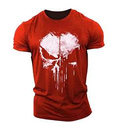 BOONEE Herren Punisher T Shirt mit überschnittenen Schultern, Komfortables kurzärmliges T Shirt, Print Baumwolle Rundhals Tshirt-Red||XL von BOONEE