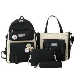 Schultaschen 5-teiliges Set Rucksack für Schüler Schultaschen für Teenager Mädchen Büchertaschen Federmäppchen Frauen Reiserucksack Tote, Kein Anhänger schwarz, A von BOQUN