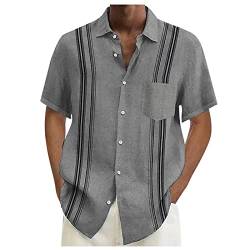 BORTGYUI Hemd Herren Stehkragen Leinenhemd Herren Sommerhemden Kurzarm Lässiges Button-Down-Revershemd Normale Passform Baumwolle Slim Fit Businesshemd 4XL 01-Grau von BORTGYUI