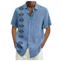 Hawaii Shirt Leinenhemd Herren Sommerhemden Kurzarm Lässiges Button-Down-Revershemd Normale Passform Baumwolle Slim Fit Businesshemd 4XL 01-Blau von BORTGYUI