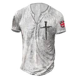 Men's Shirts V-Ausschnitt Sommer Retro Kreuzdruck Print T-Shirt Vintage Basic T-Shirts Top Regular Fit mit Knöpfen Sporthemd Mittelalter Tunika Tops Hemden Sixpack Shirt L 01-Silber von BORTGYUI