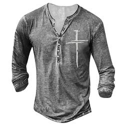 Pullover FüR Herren Herren Langarm Henley Shirt mit Knopfleiste Retro Strick Print Langarm Sportshirt Slim Fit Shirt Funktionsshirt Pullover Sweatshirt XXL 01-Grau von BORTGYUI