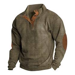 Sweatshirt Herren Ohne Kapuze Outdoor Plain Pullover Stehkragen Knopf Patchwork Klassischer Mantel Pullover Herbst Winter Casual Jumper Langarm Plaid Tops Oversized Streetwear für Männer 5XL 01-Khaki von BORTGYUI