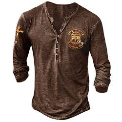 T Shirt Herren Langarm Herren Langarm Henley Shirt mit Knopfleiste Retro Strick Print Langarm Sportshirt Slim Fit Shirt Funktionsshirt Pullover Sweatshirt 3XL 01-Braun von BORTGYUI