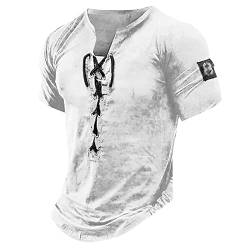 Tshirt Herren Herren V-Ausschnitt Einfarbig Kordelzug Retro Henley Hemd Taillierte Muskelhemden Kurzarm Taktische Hemden Combat Shirt Übergroßes T-Shirt Herren Sommeroberteile 3XL 01-Weiß von BORTGYUI